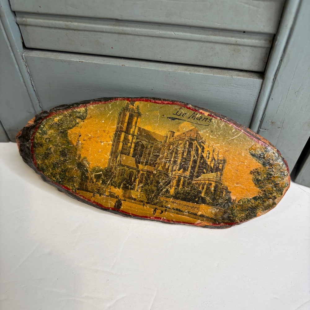 Vintage Nouvelles Galeries Le Mans Cathedral Image on Oval Piece of Wood